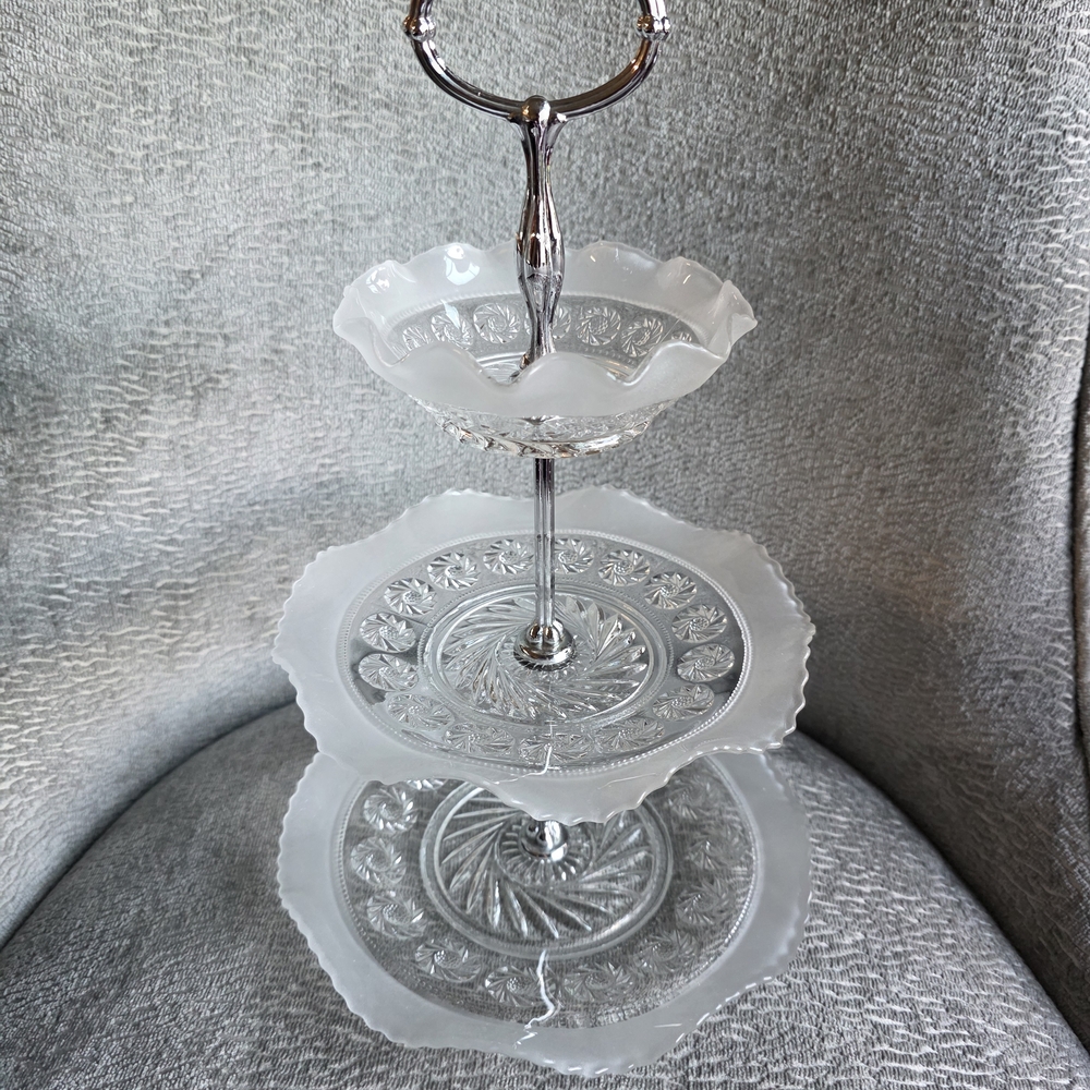 VTG Bagley Satin Glass Ruffled 3 Tier Serving Platter Katherine Pattern England